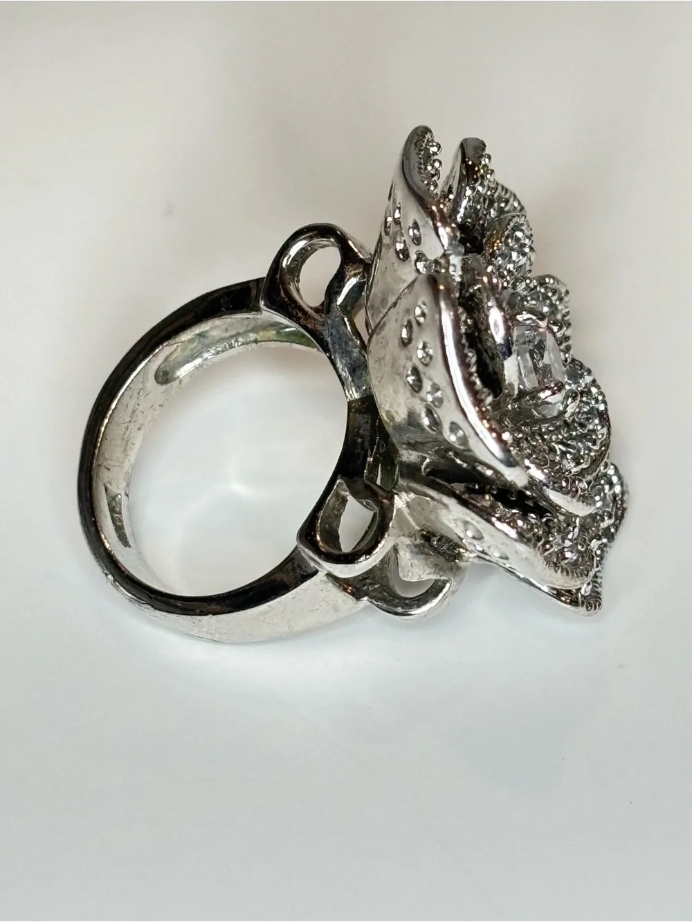Large Floral CZ Cocktail Ring Silver Tone Pave Crystal Statement Size 6.75